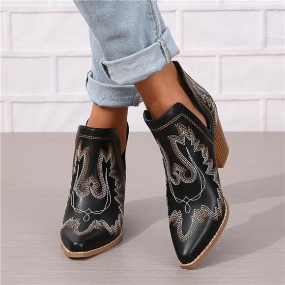 New Boho Embroidered Cowgirl Booties - Western Ankle Boots, Cutout Detailing - Picture 4 of 6